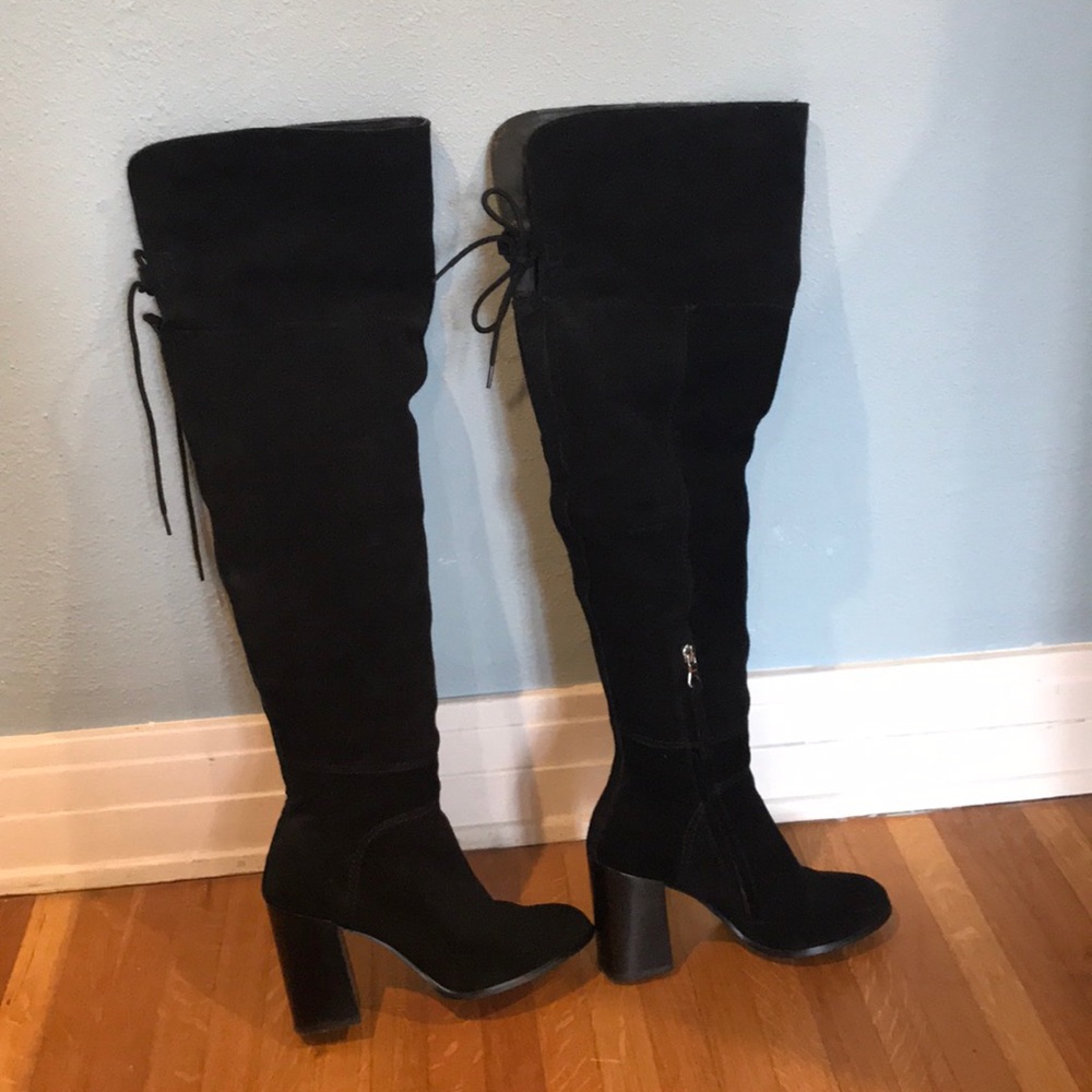 Over-the-knee black suede block heel boots